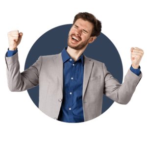 A suited man celebrating his winning business idea