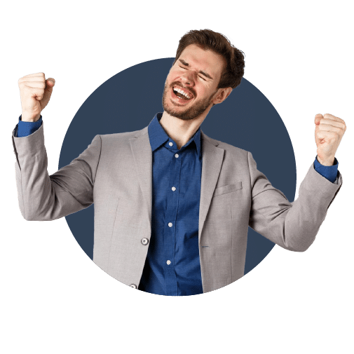 A suited man celebrating his winning business idea