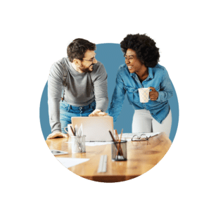 Two young business owners discussing choosing the right business name.