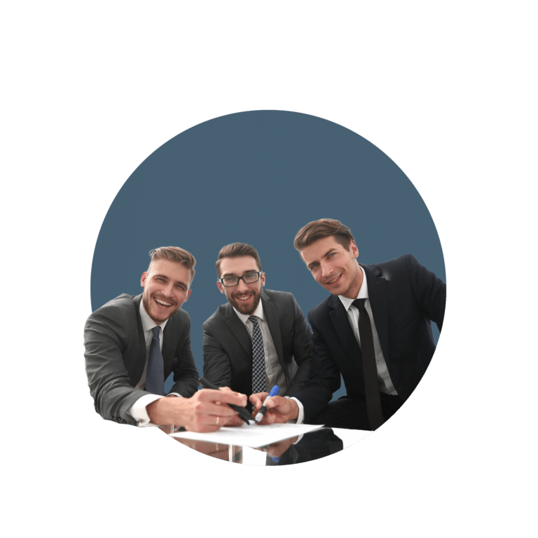 Three business men in suits, discussing marketing hacks and business financing