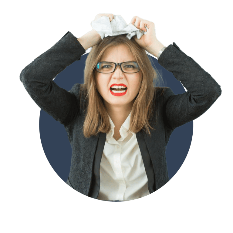 A female business owner in a suit, looking stressed and angry