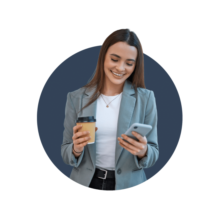 A young female business owner, drinking coffee and scrolling through her phone after reading Building and Improving Your Reputation Online - A Complete Guide by Go Impartial